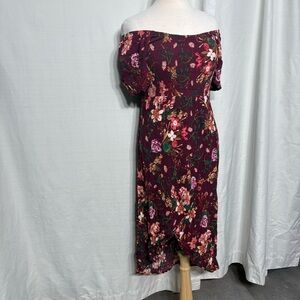 Warehouse One Burgundy Floral Off the Shoulder High Low Smocked Midi Dress